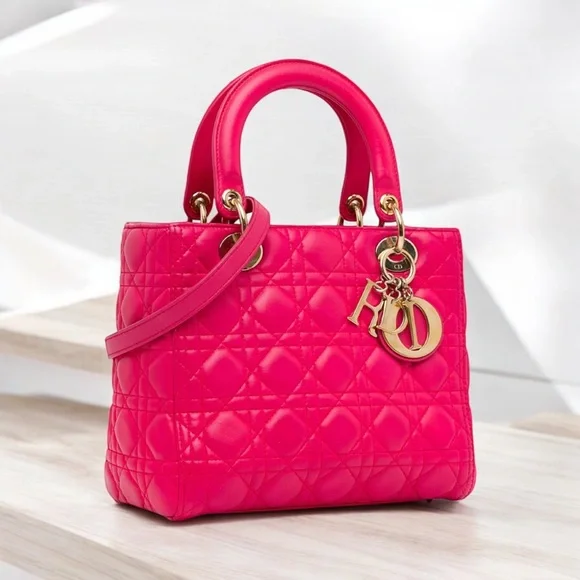 π₯ Christian Dior Lady Dior Pink Supple Quilted Lambskin Large Bag EUC! - Picture 6 of 16
